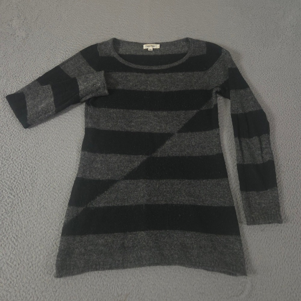 Calvin Klein Dress Womens L Black Gray Striped Sweater Mohair Wool Blend Mini